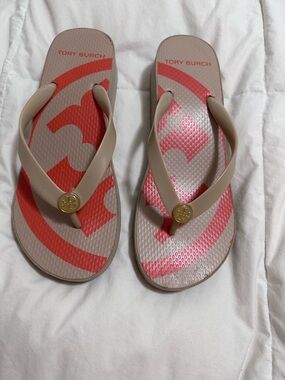 Tory Burch Beige and Coral Logo Flip Flops